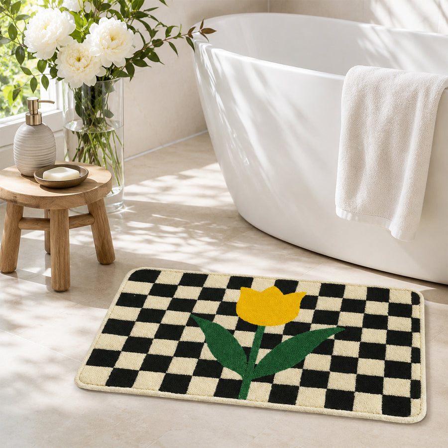 Feblilac Checkered Tulip Tufted Bath Mat | Soft Floral Bathroom Rug - view 3