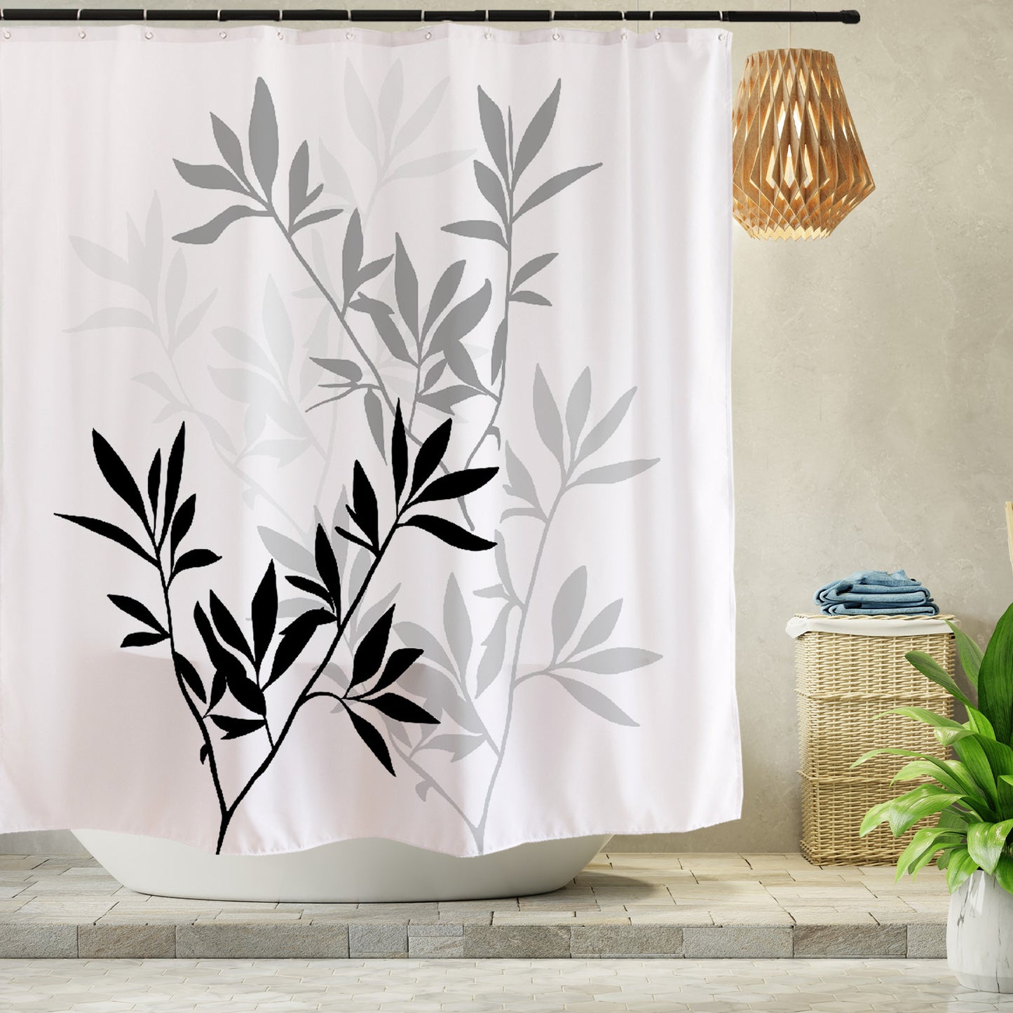 Bamboo Leaves Shower Curtain, Black and White, Green, Blue