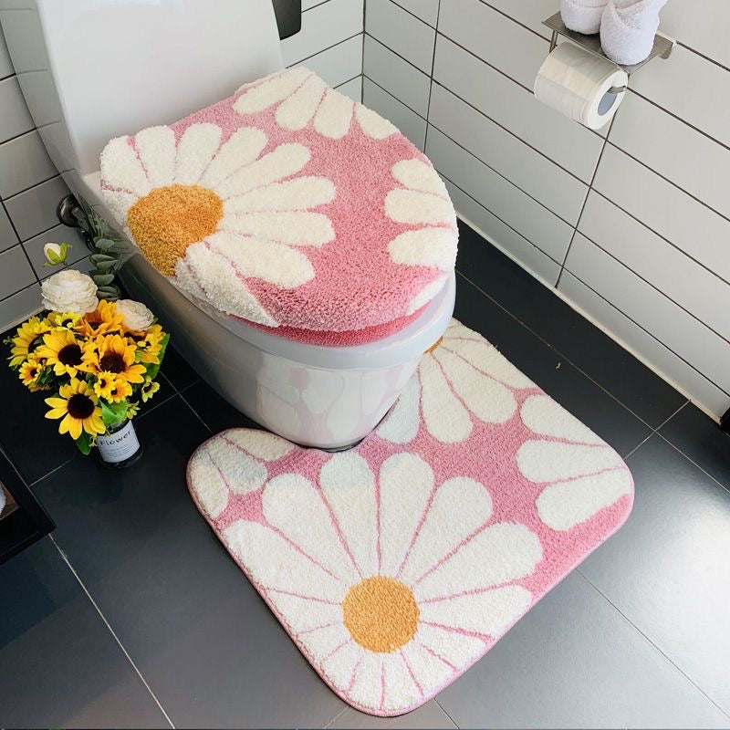 Feblilac Pink Daisy Bath Mat Set, Flower Floral Bathroom Rug Set, Toilet Cover Mat
