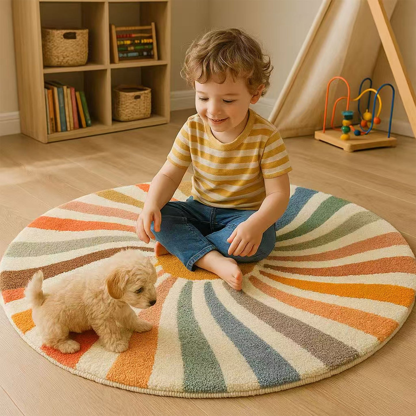 Feblilac Round Colorful Sunshine Area Rug, Boho Rainbow Area Rug, Living Room Mat
