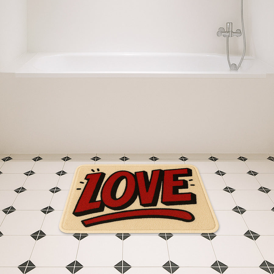 Feblilac LOVE Typography Tufted Bath Mat – Bold Red Comic Style Rug - view 3