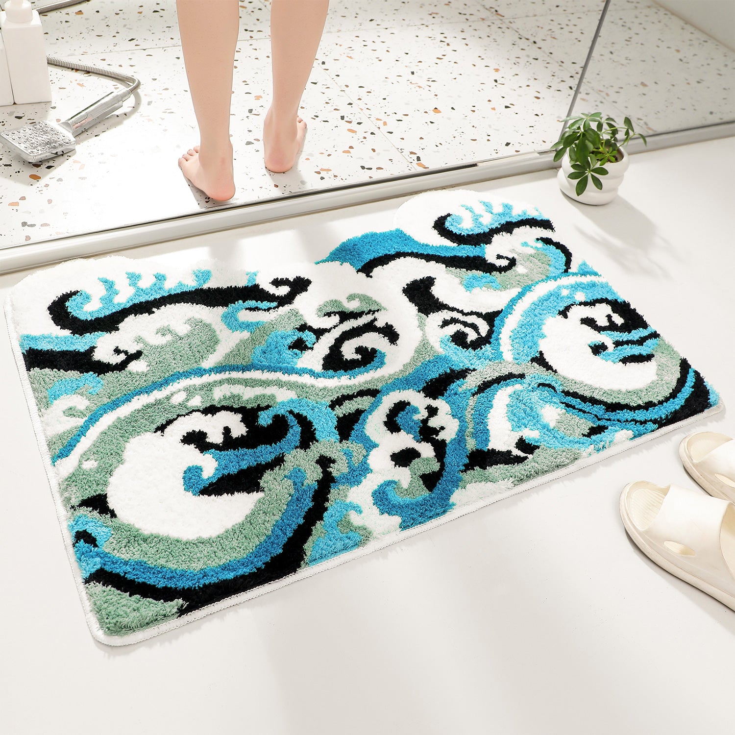 Great Wave Bath Mat, Blue and White Ocean Style Bathroom Rug, 60x90cm or 24''x35''