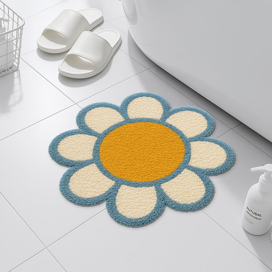 Feblilac Irregular White Flower Mat Rug Carpet, Blue and White Floral Bath Mat - view 3