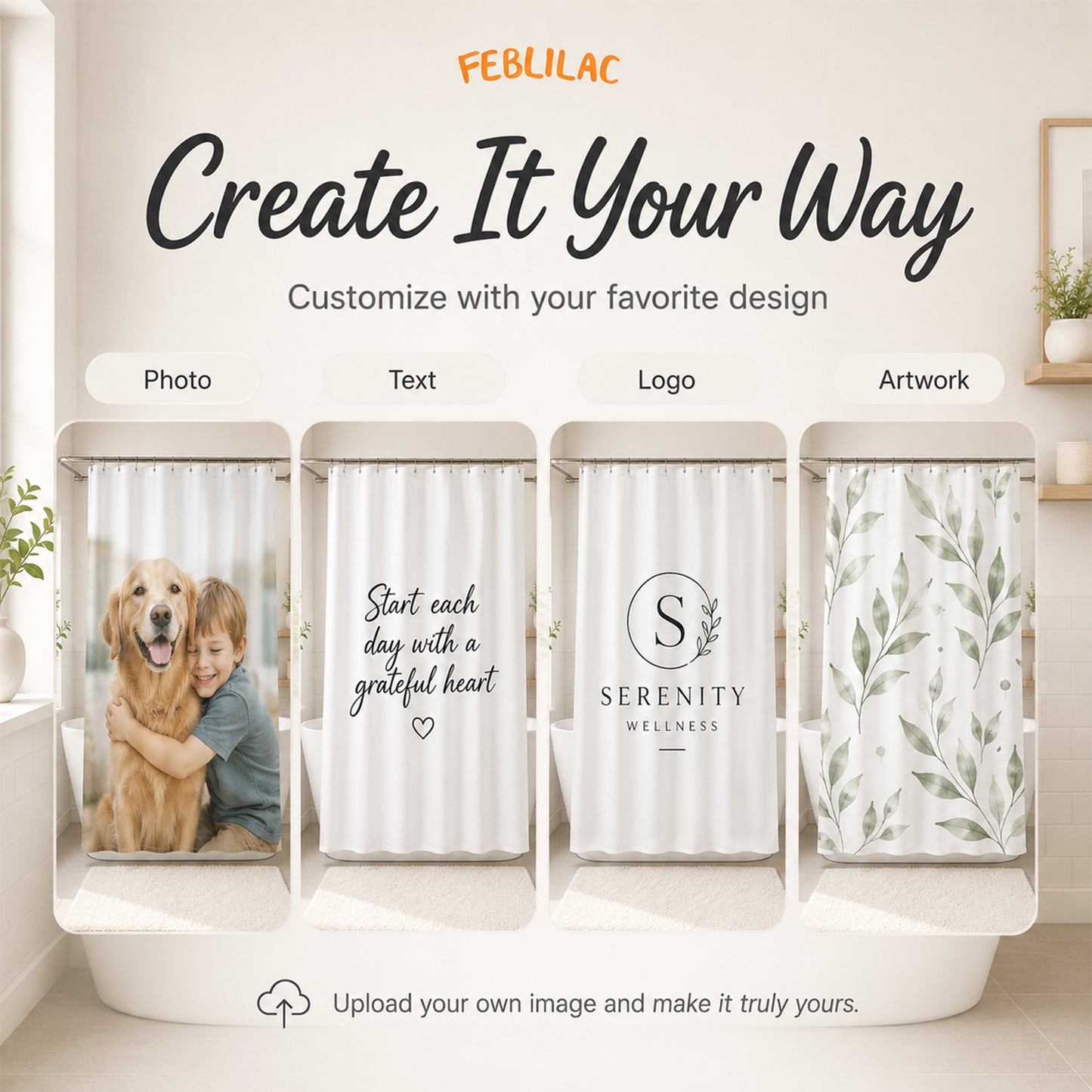 Feblilac Custom Shower Curtain with Your Photo, Text, Logo or Artwork