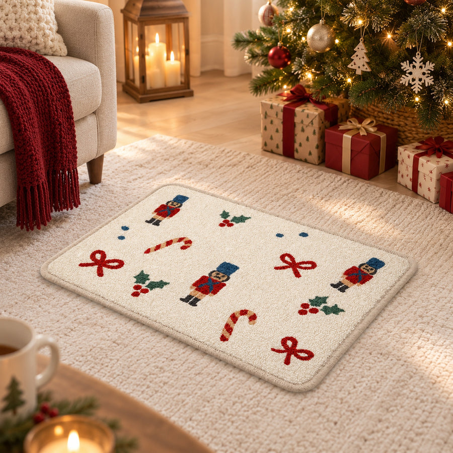 Feblilac Christmas Candy Cane tufted bath mat in front of a bathroom vanity with fresh towels