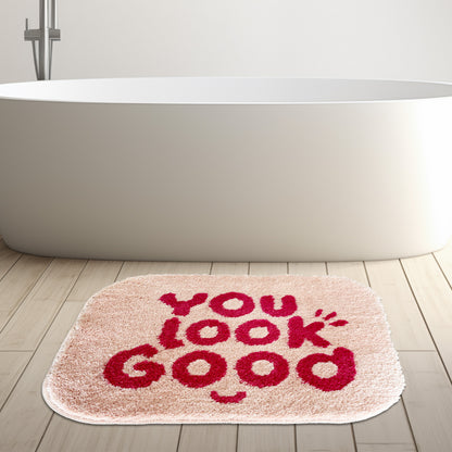 Feblilac Pink You Look Good Smiley Face Tufted Bath Mat