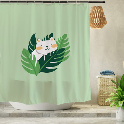 Feblilac Monstera Cat Shower Curtain with Hooks