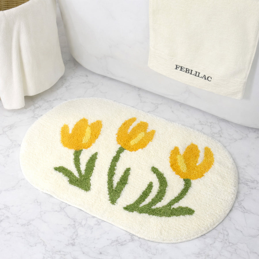 Feblilac Tulip Bath Mat, Yellow Flower Bathroom Rug - view 2
