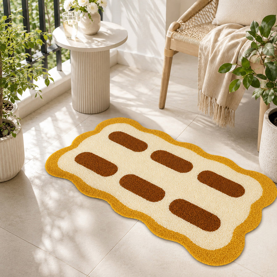 Feblilac Wavy Tufted Bath Mat – Mustard Yellow and Cream Accent Rug - view 2