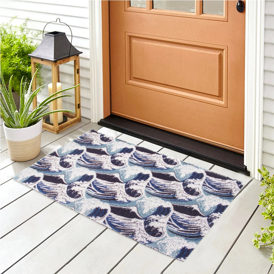 Feblilac Japanese Blue Wave Pattern Entrance Door Mat, Ukiyoe Art Doorway PVC Rug - view 2