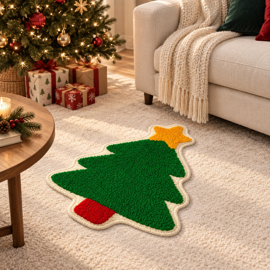 Feblilac Christmas Tree tufted bath mat in front of a bathroom vanity with fresh towels
