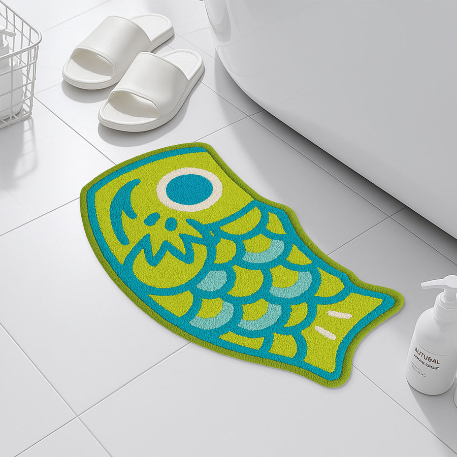 Feblilac Teal Japanese Koi Tufted Bath Mat, Green Blue Bathroom Rug - view 3