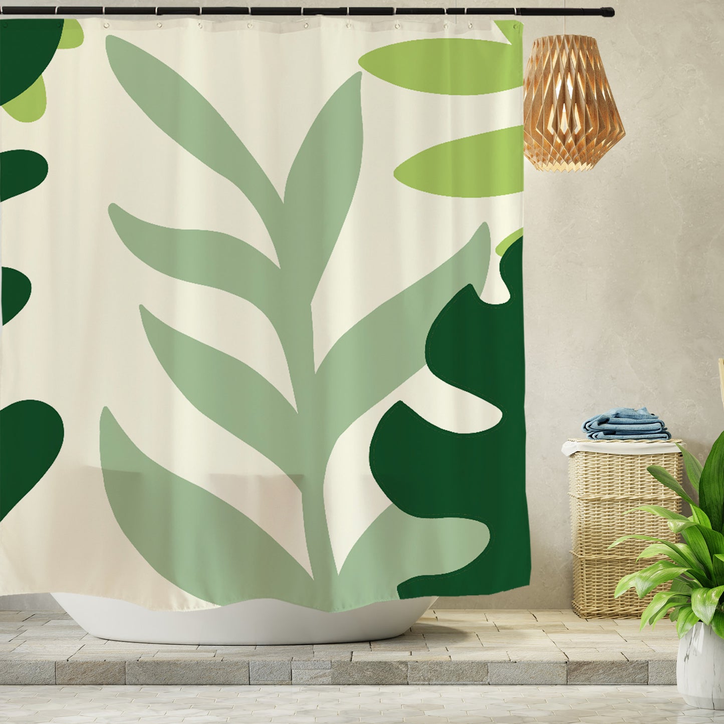 Feblilac Green Leaves Shower Curtain with Hooks