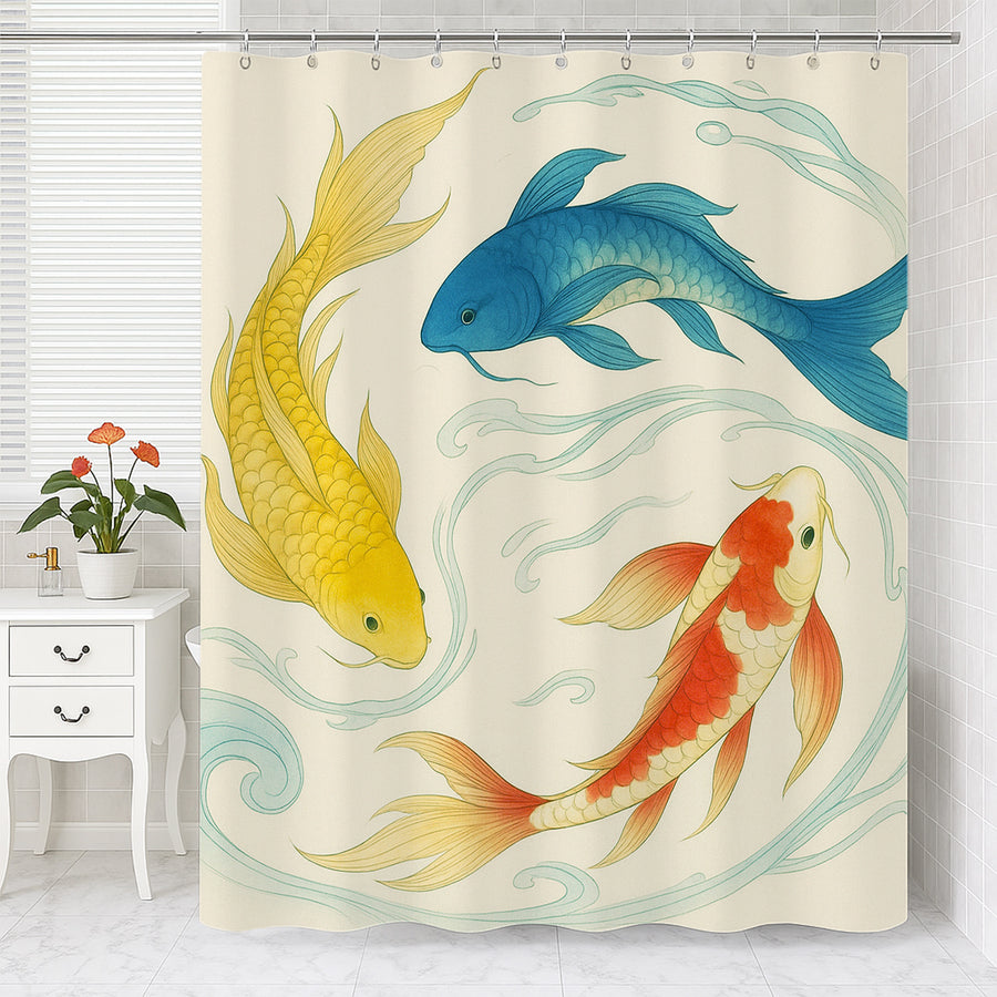Feblilac Gongbi Goldfish shower curtain in front of a bathroom vanity with fresh towels