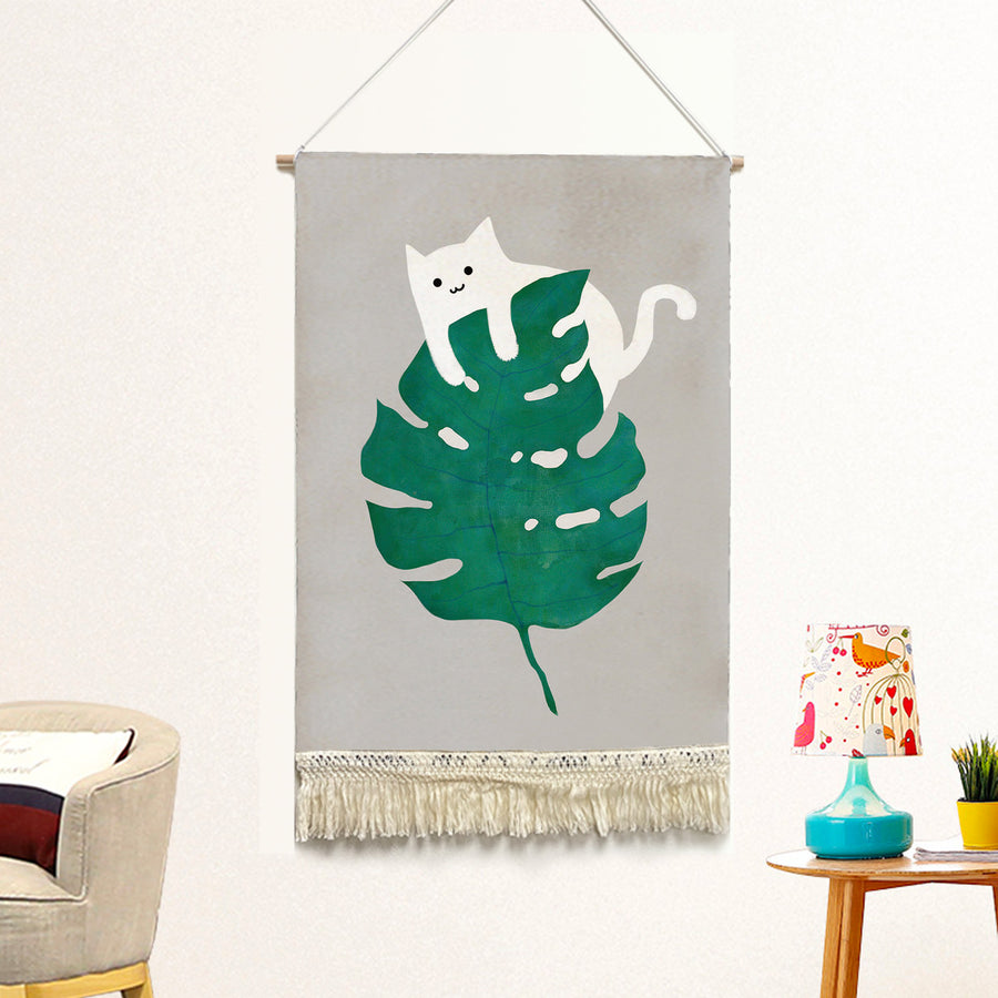 Feblilac Cat and Monstera Handmade Macrame Hanging Wall Decor Art - view 2