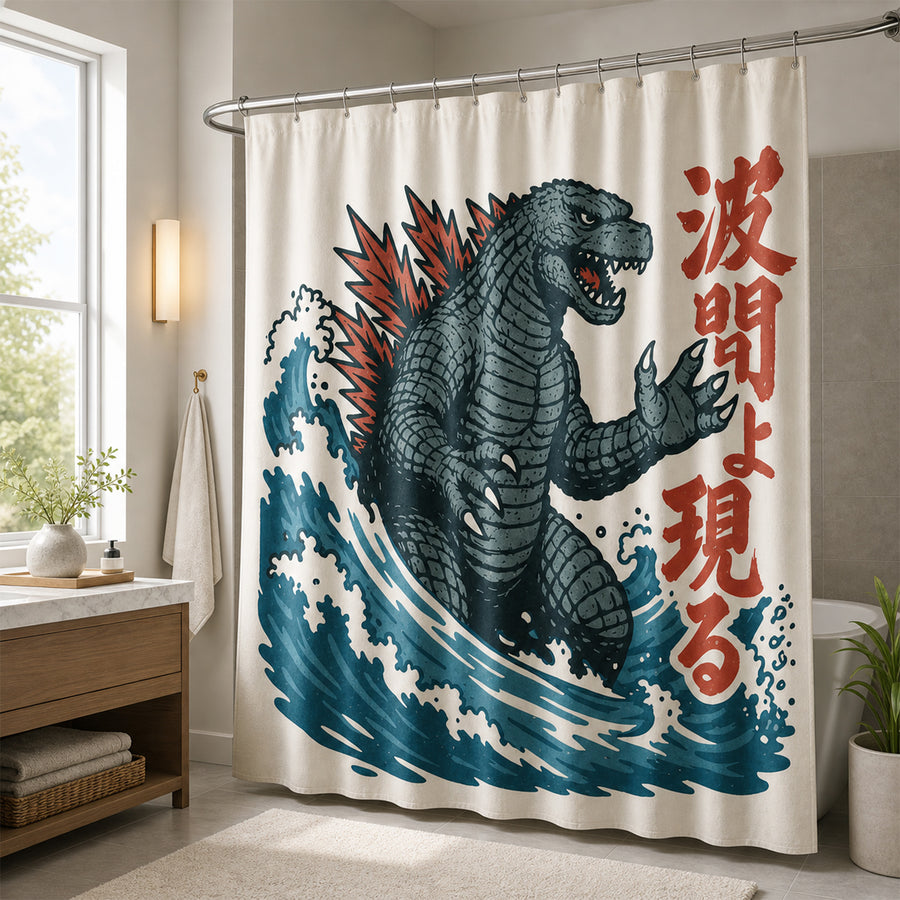 Feblilac Japanese Kaiju Wave Shower Curtain - view 2