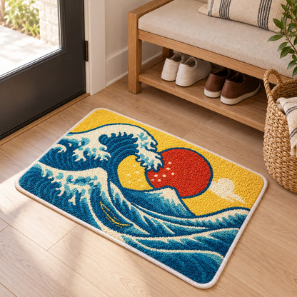Feblilac Colorful Ukiyo-e Waves tufted bath mat in front of a bathroom vanity with fresh towels