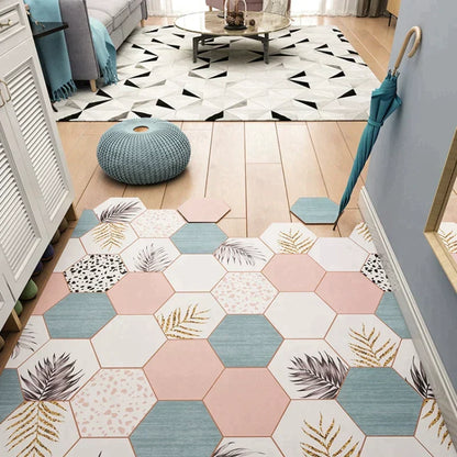 Feblilac Irregular Geometric Hexagon Planets and Animals Pattern PVC Leather Door Mat