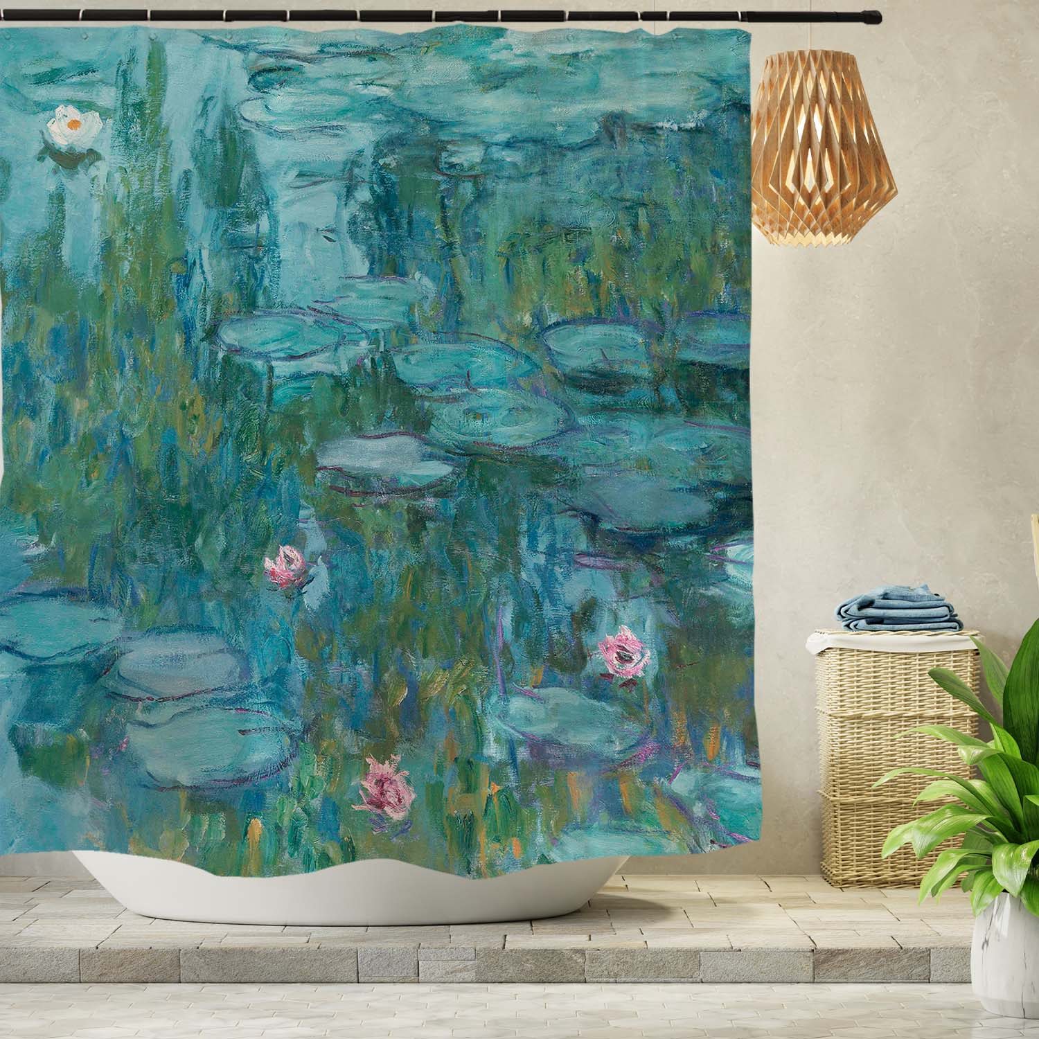 Feblilac Oil Painting Water Lily Shower Curtain with Hooks