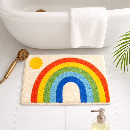 Feblilac Retro Rainbow Arch Bath Mat – Colorful Non-Slip Bathroom Rug with Sun Design