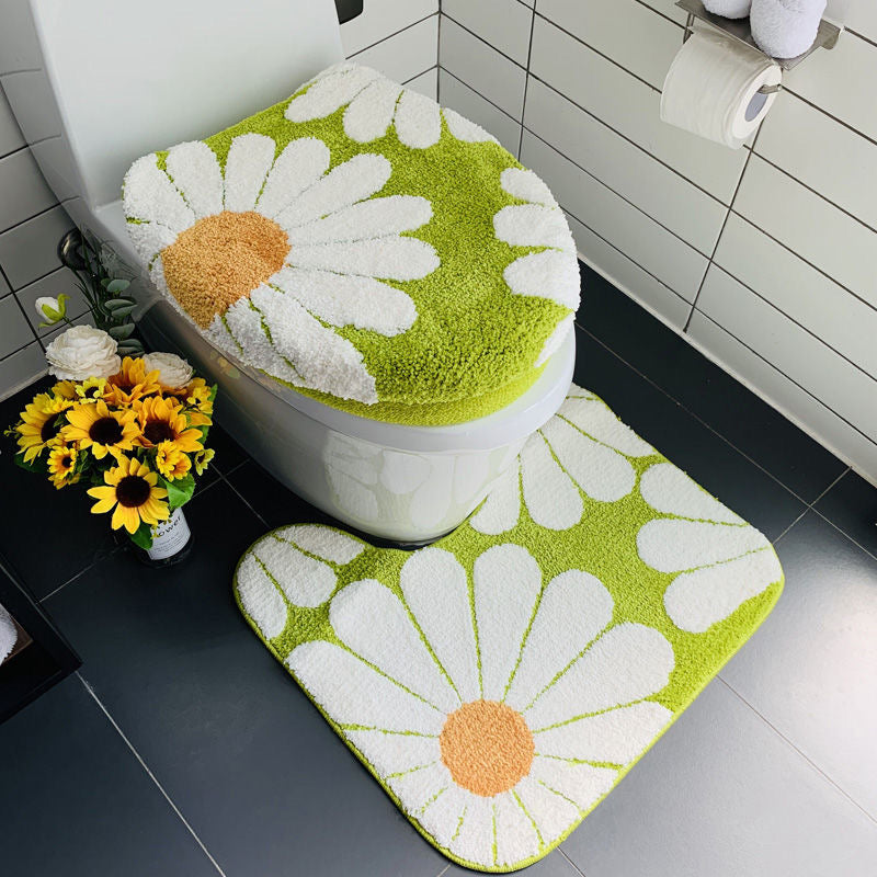 Feblilac Green Bath Mat Set, Flower Floral Bathroom Rug Set, Toilet Cover Mat