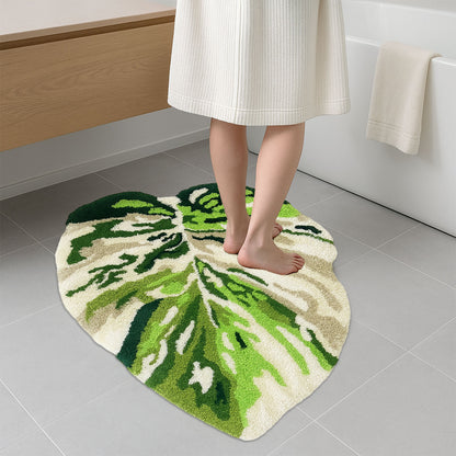 Feblilac Irregular Turquoise Monstera Tufted Bath Mat