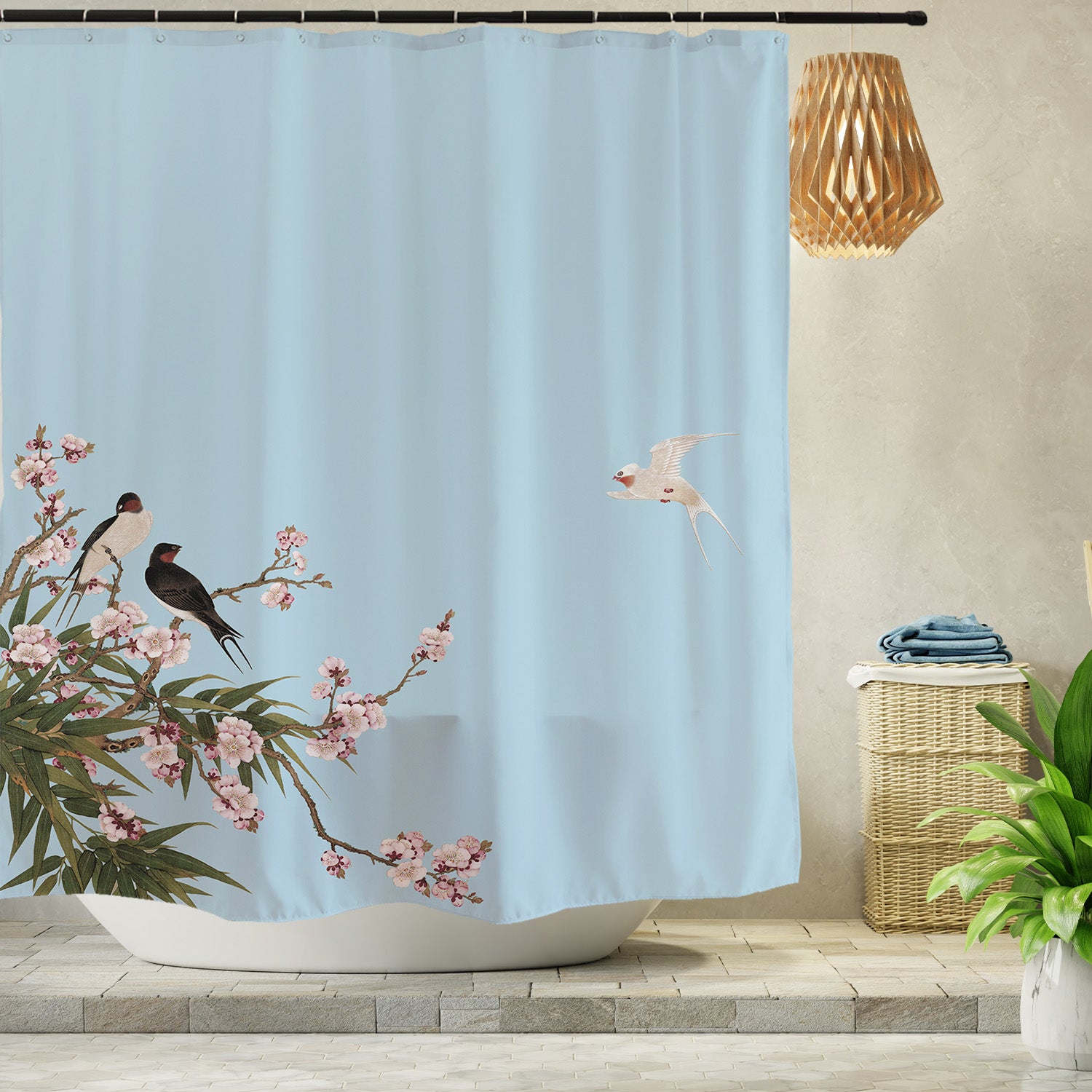 Feblilac Blue Bird Flower Shower Curtain with Hooks