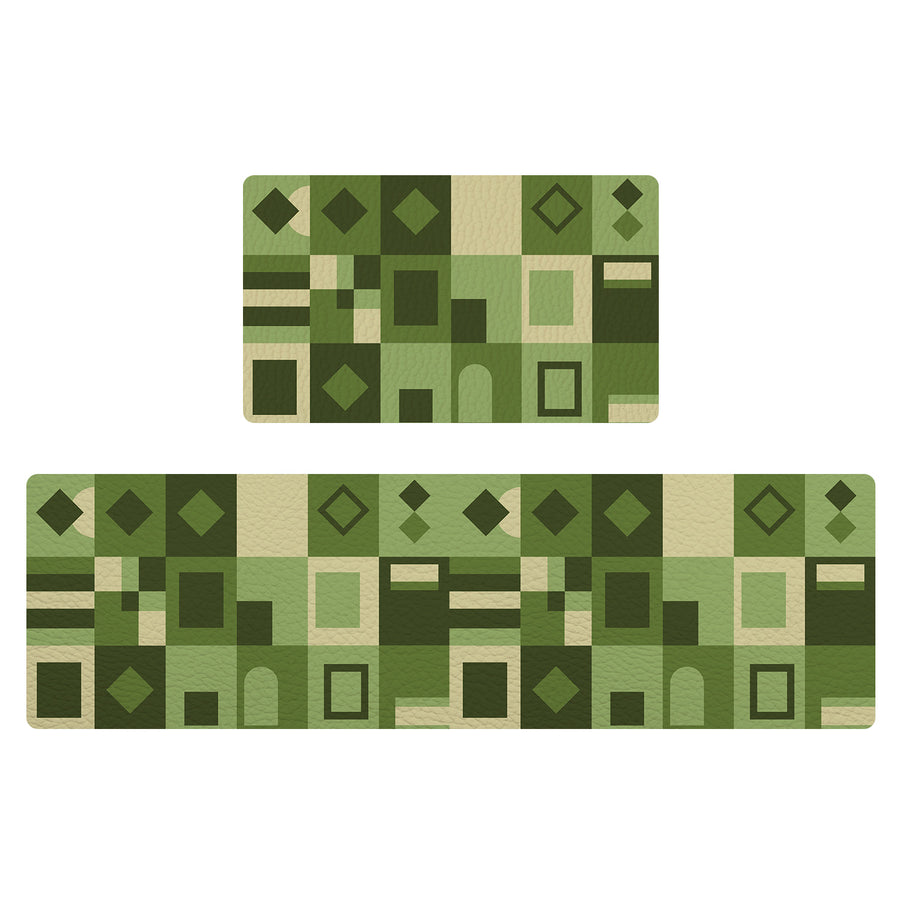 Feblilac Green Geometric Grid PVC Leather Kitchen Mat - view 2