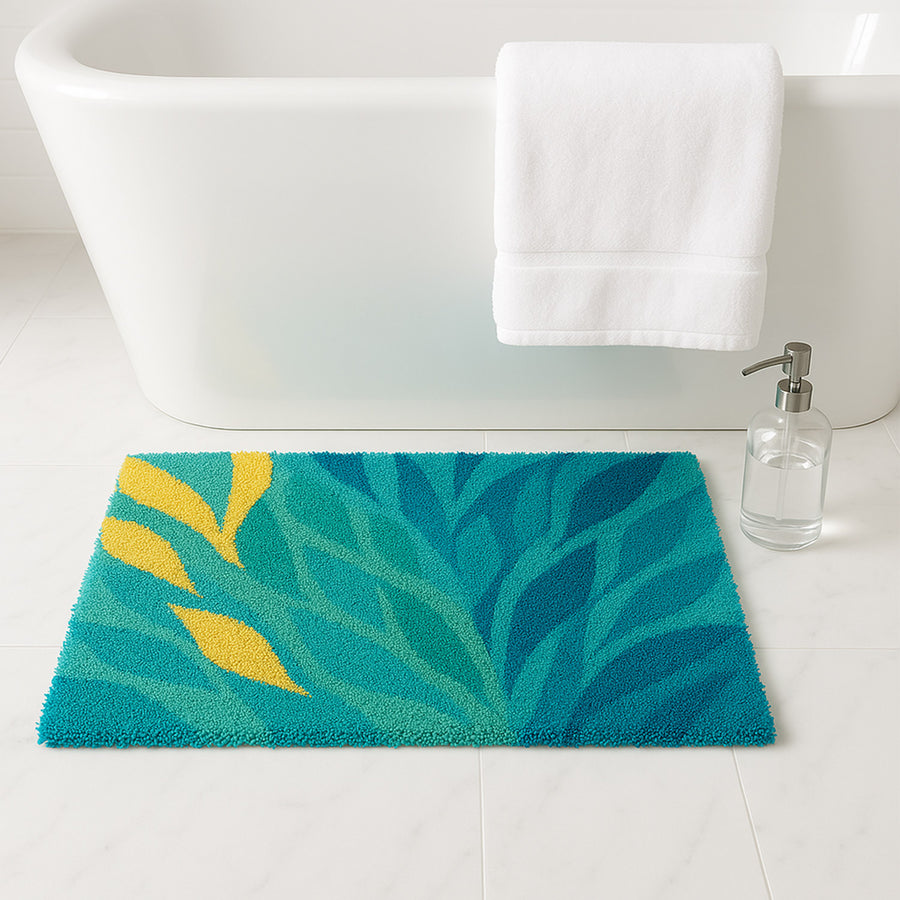 Feblilac Small Leaves Blue Yellow Tufted Bath Mat - view 2
