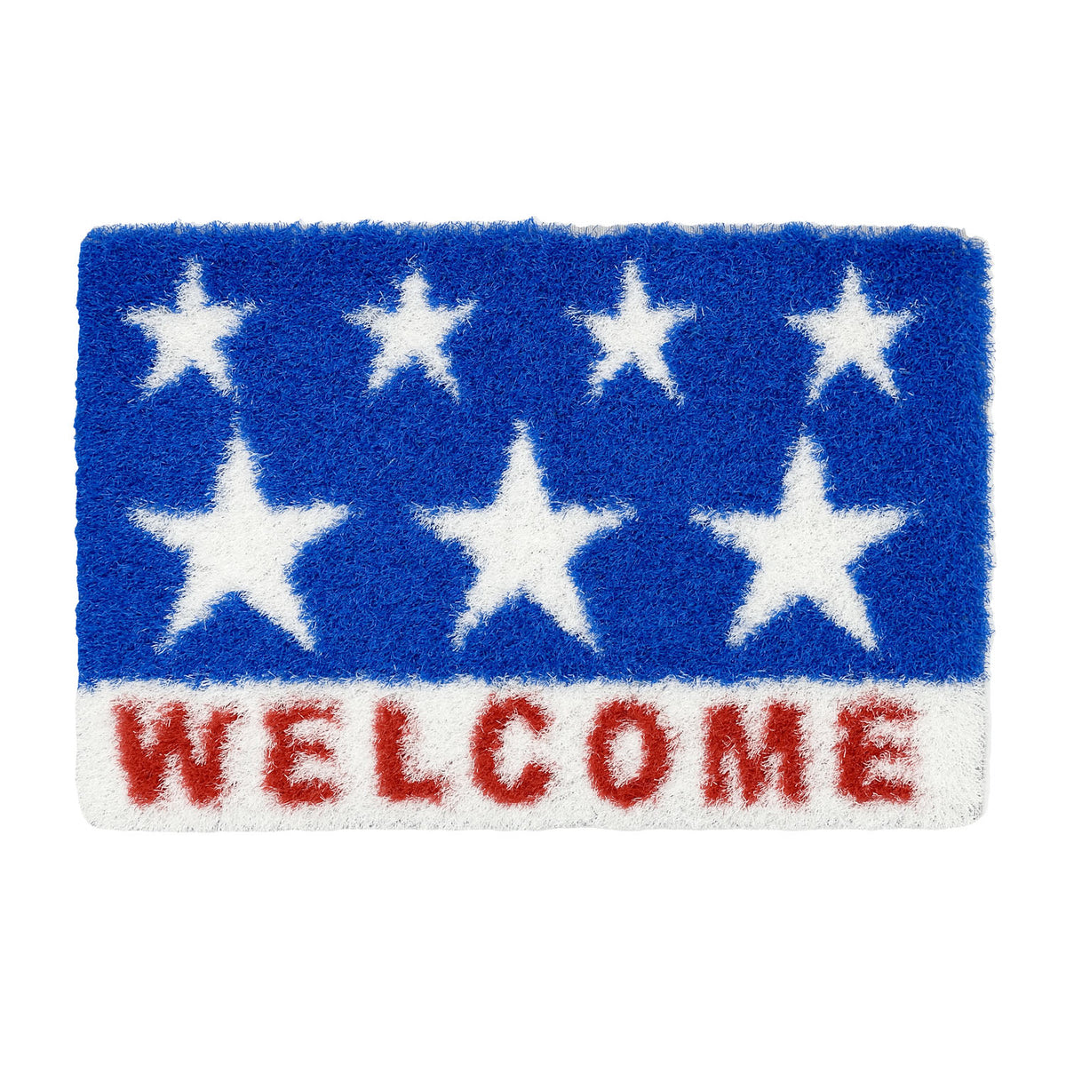 Feblilac Stars and Stripes Welcome PVC coil door mat in front of a bathroom vanity with fresh towels