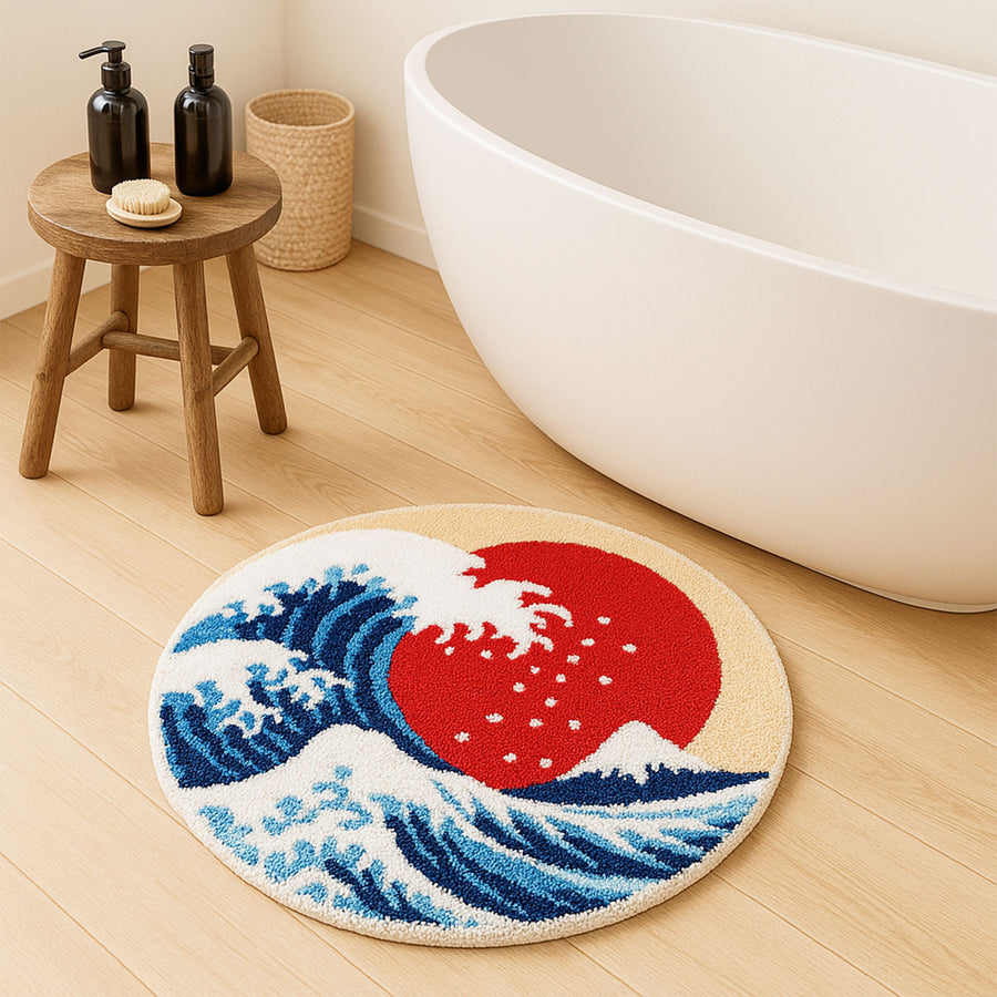 Feblilac Round Japanese Wave Bath Mat – Soft Tufted Rug with Red Sun Design for Bathroom or Entryway - view 2