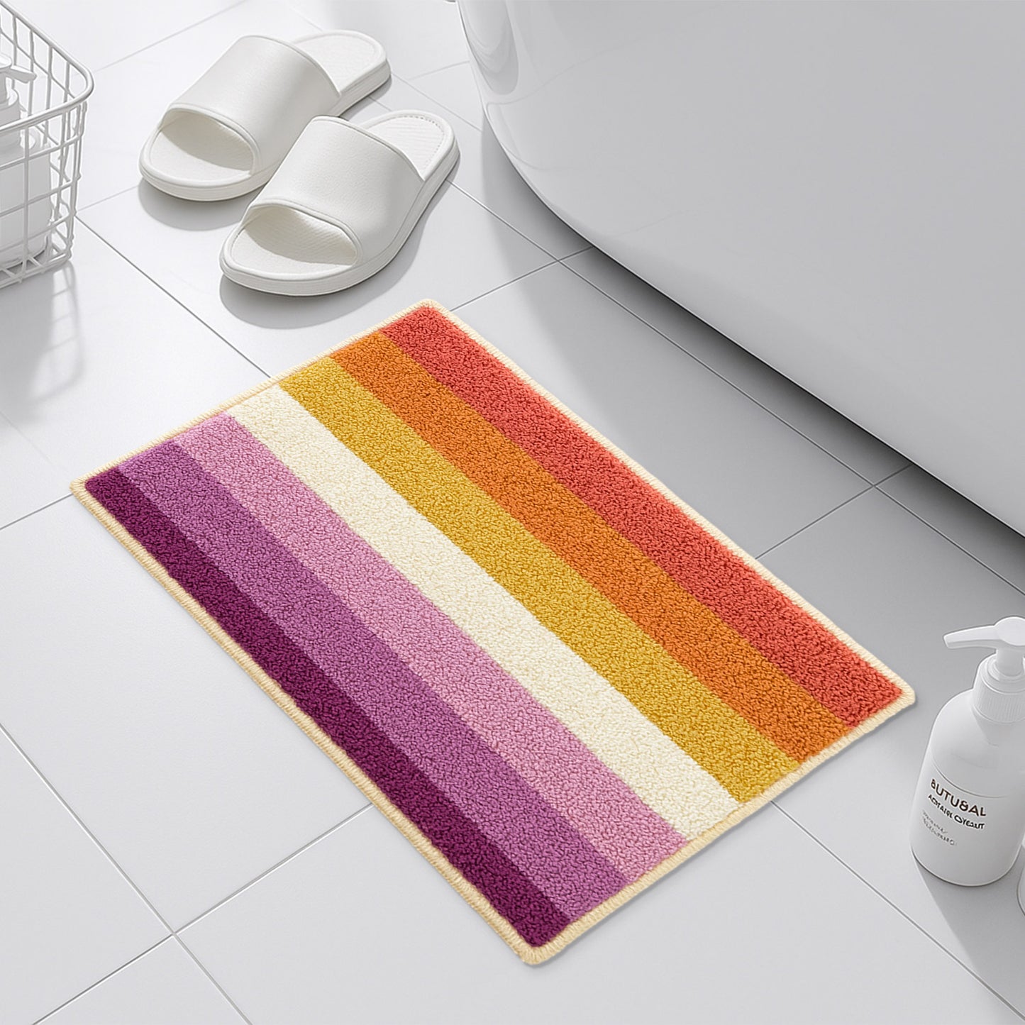 Feblilac Colorful Striped Tufted Bath Mat – Soft Absorbent Non-Slip Bathroom Rug