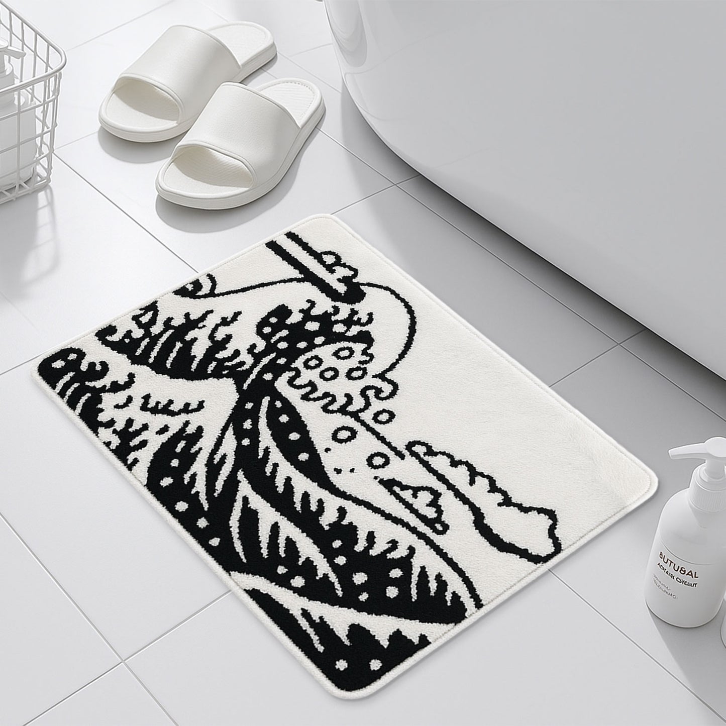 Feblilac Black and White Great Wave Bathroom Rug, Japanese Style Bathmat