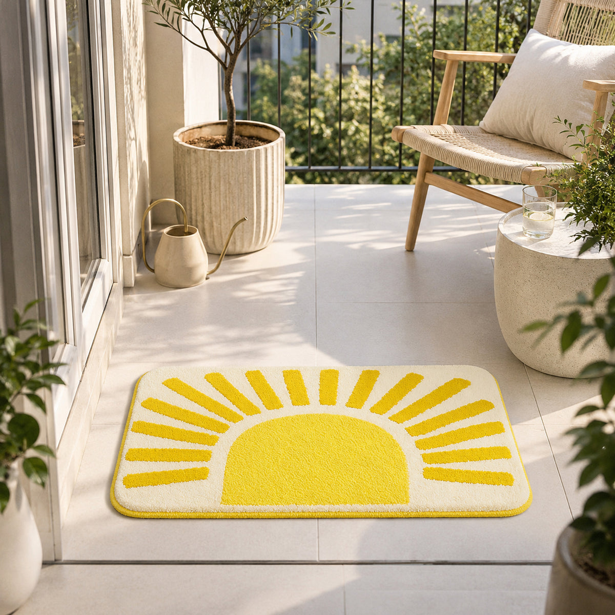 Feblilac Golden Sun tufted bath mat in front of a bathroom vanity with fresh towels