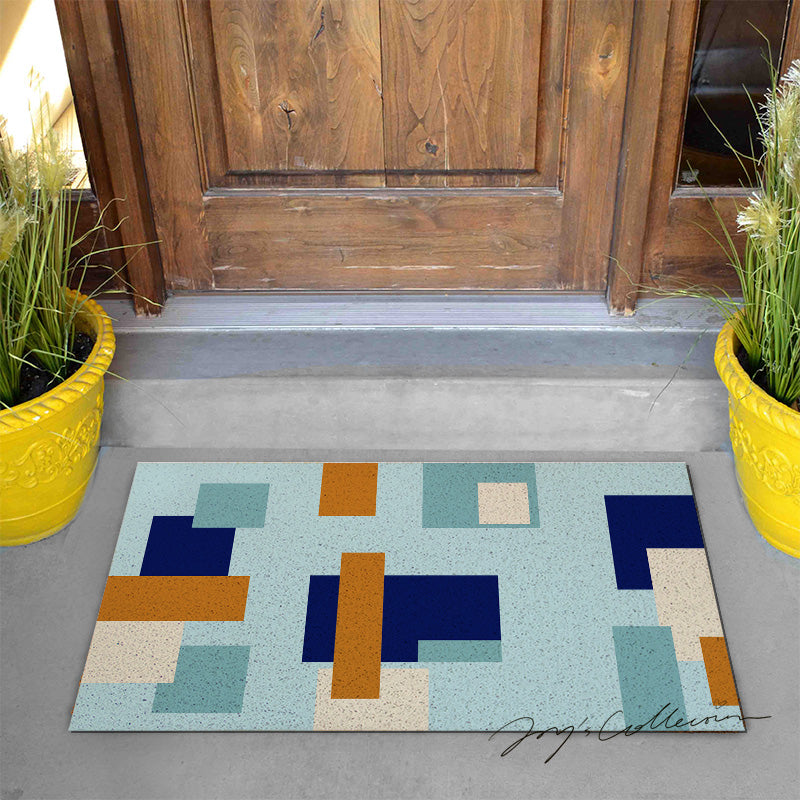 Feblilac Blue and Brown Squares Geometric PVC Coil Door Mat - view 2