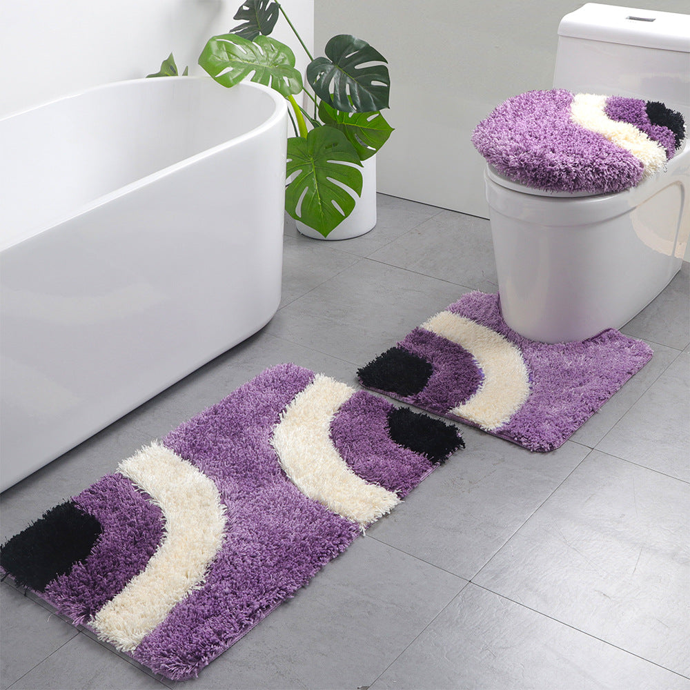 Feblilac Checkerboard / Semi-Circular Pattern Tufted Bath Mat U-Shaped Toilet Floor Mat Toilet Lid Cover