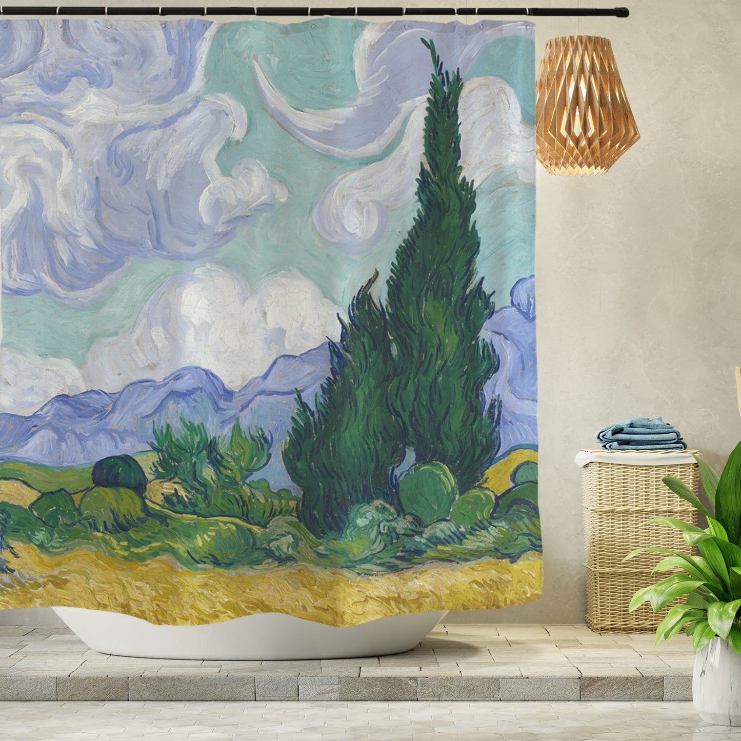 Feblilac Van Gogh's Fields Shower Curtain with Hooks