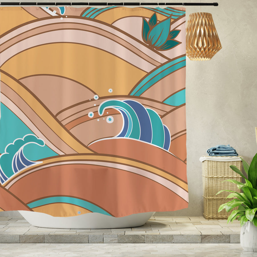Feblilac Yellow and Blue Japanese Waves Shower Curtain with Hooks - view 2