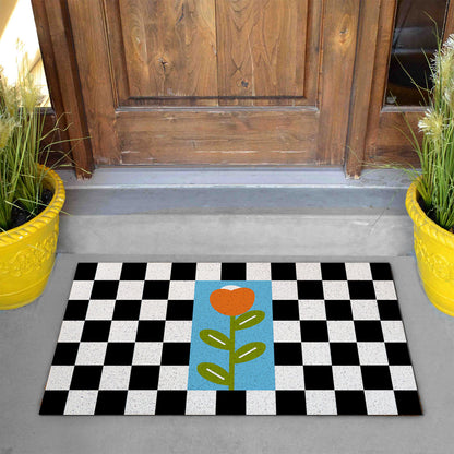 Feblilac Black and White Checkerboard Tulips PVC Coil Door Mat