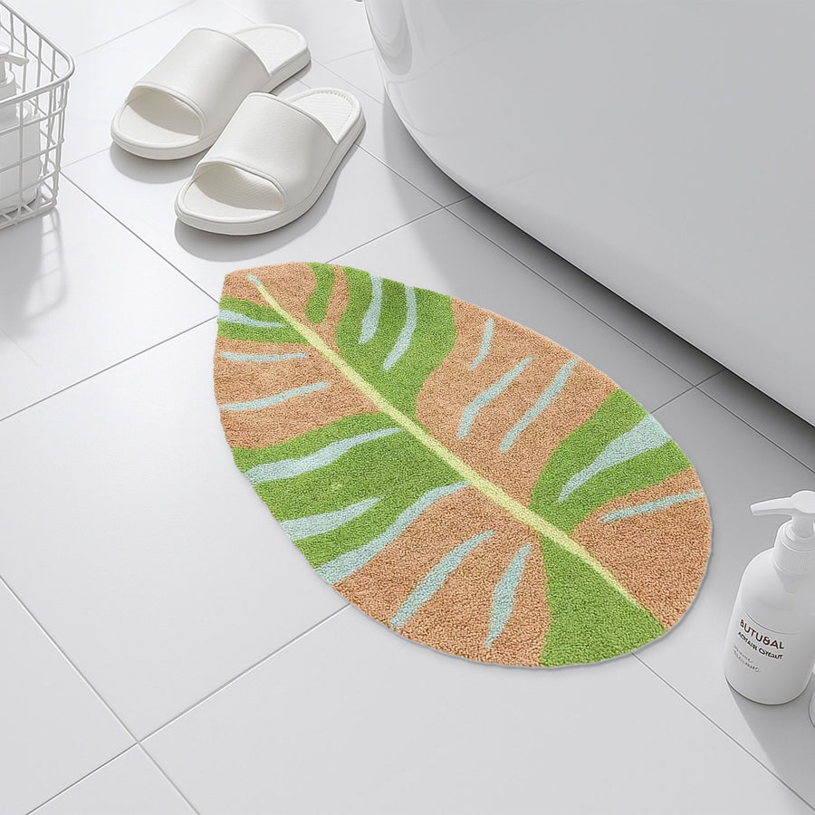 Tropical Leaf Shape Bath Mat – Brown & Green Tufted Rug | Feblilac - view 3