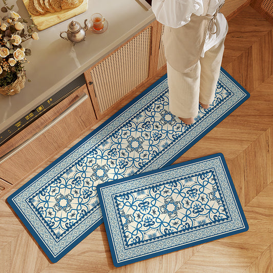 Feblilac European Classical Geometry Blue Pattern PVC Leather Kitchen Mat