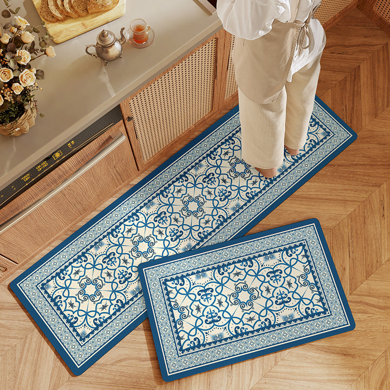 Feblilac European Classical Geometry Blue Pattern PVC Leather Kitchen Mat