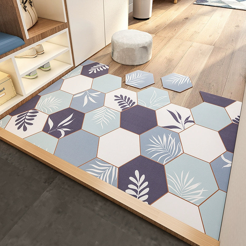Feblilac Irregular Geometric Hexagon Blue Leaves PVC Leather Door Mat