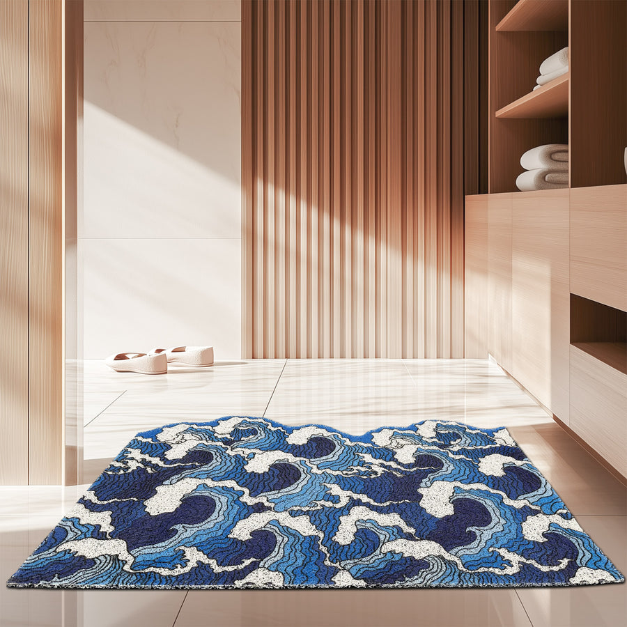 Feblilac Japanese Blue Wave Entrance Door Mat, Ukiyoe Art Doorway PVC Rug - view 2