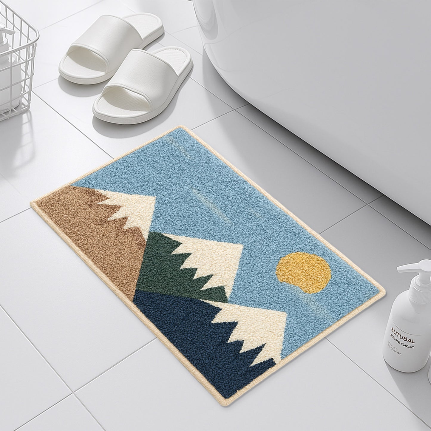 Feblilac Mountain Landscape Tufted Bath Mat – Non-Slip Absorbent Bathroom Rug for Modern Home Decor