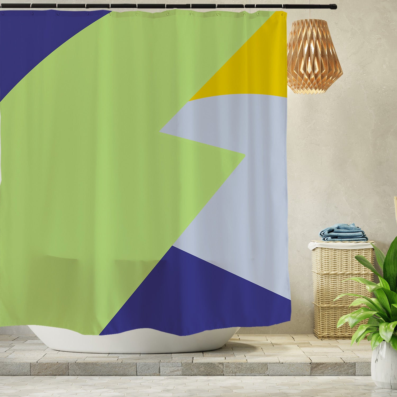 Feblilac Green Blue Yellow Gray Pattern Shower Curtain with Hooks
