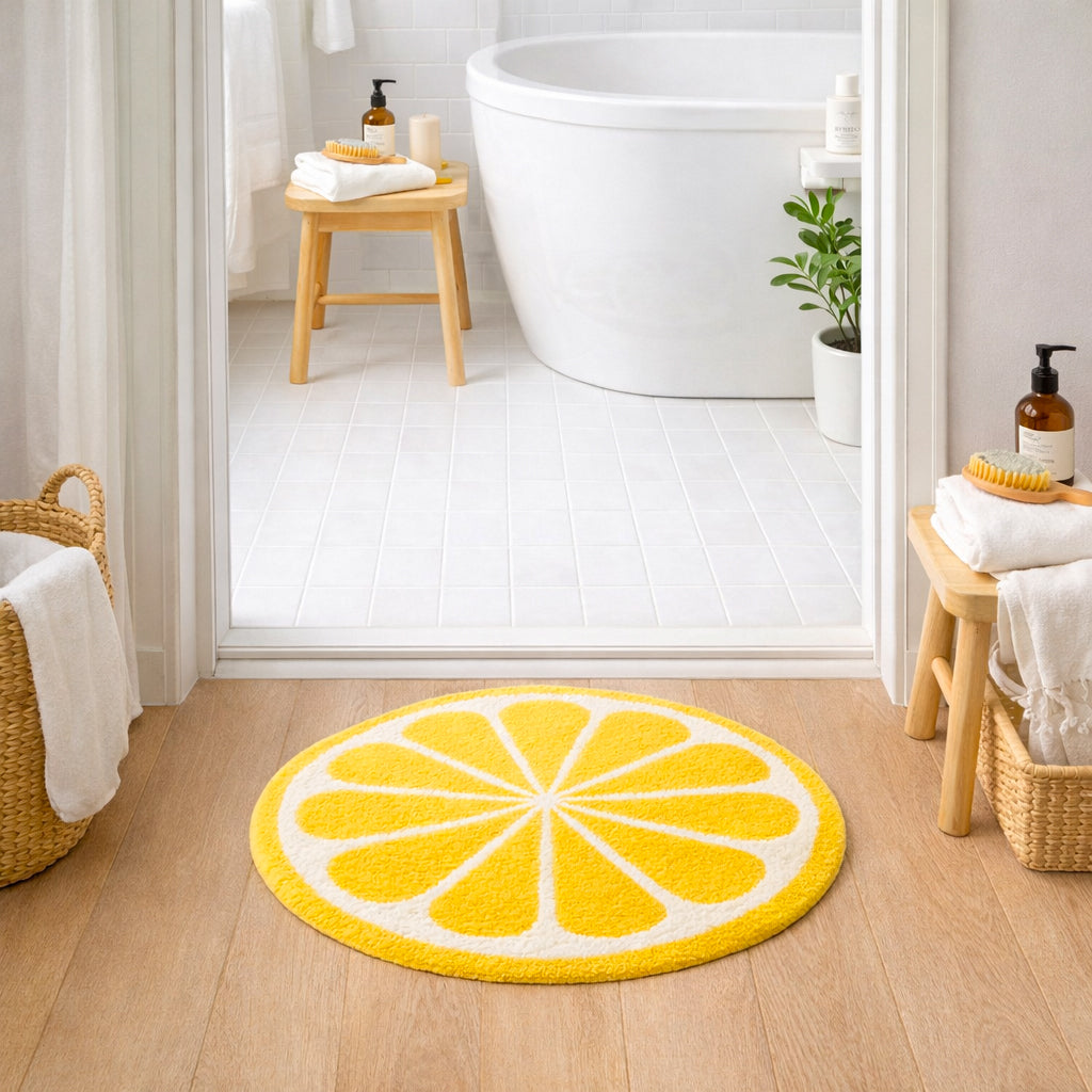 Feblilac Lemon Slice Round Bath Mat – Bright Non-Slip Absorbent Tufted Rug for Bathroom & Kitchen