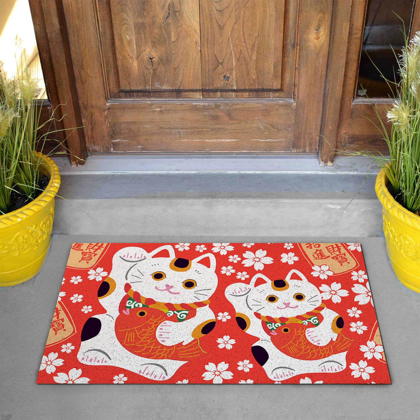 Feblilac Red Background White Sakura Lucky Cat PVC Coil Door Mat