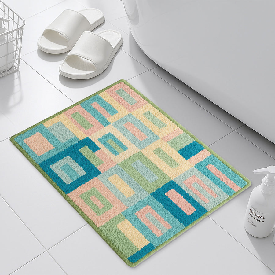Feblilac Pink and Blue Square Geometric Tufted Bath Mat - view 2