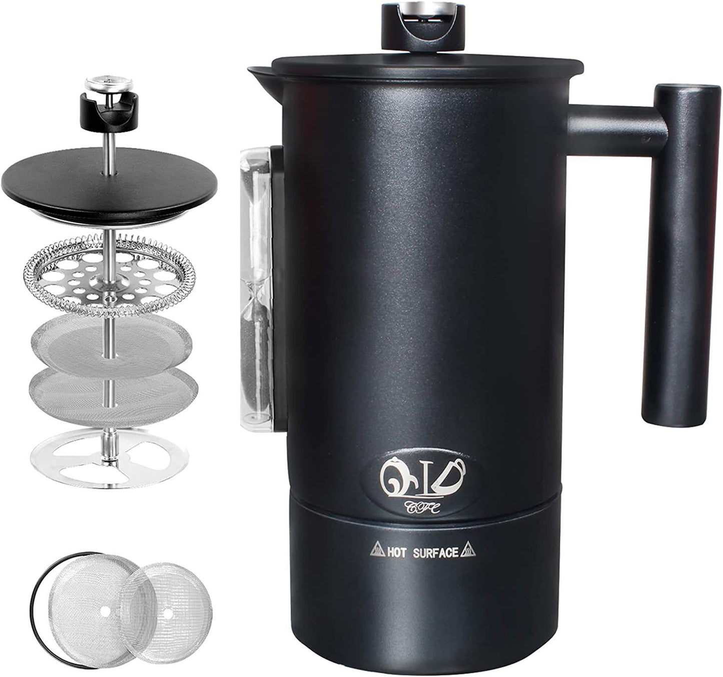 Feblilac Double Layer French Press Stainless Steel Coffee Maker with Hourglass and Thermometer